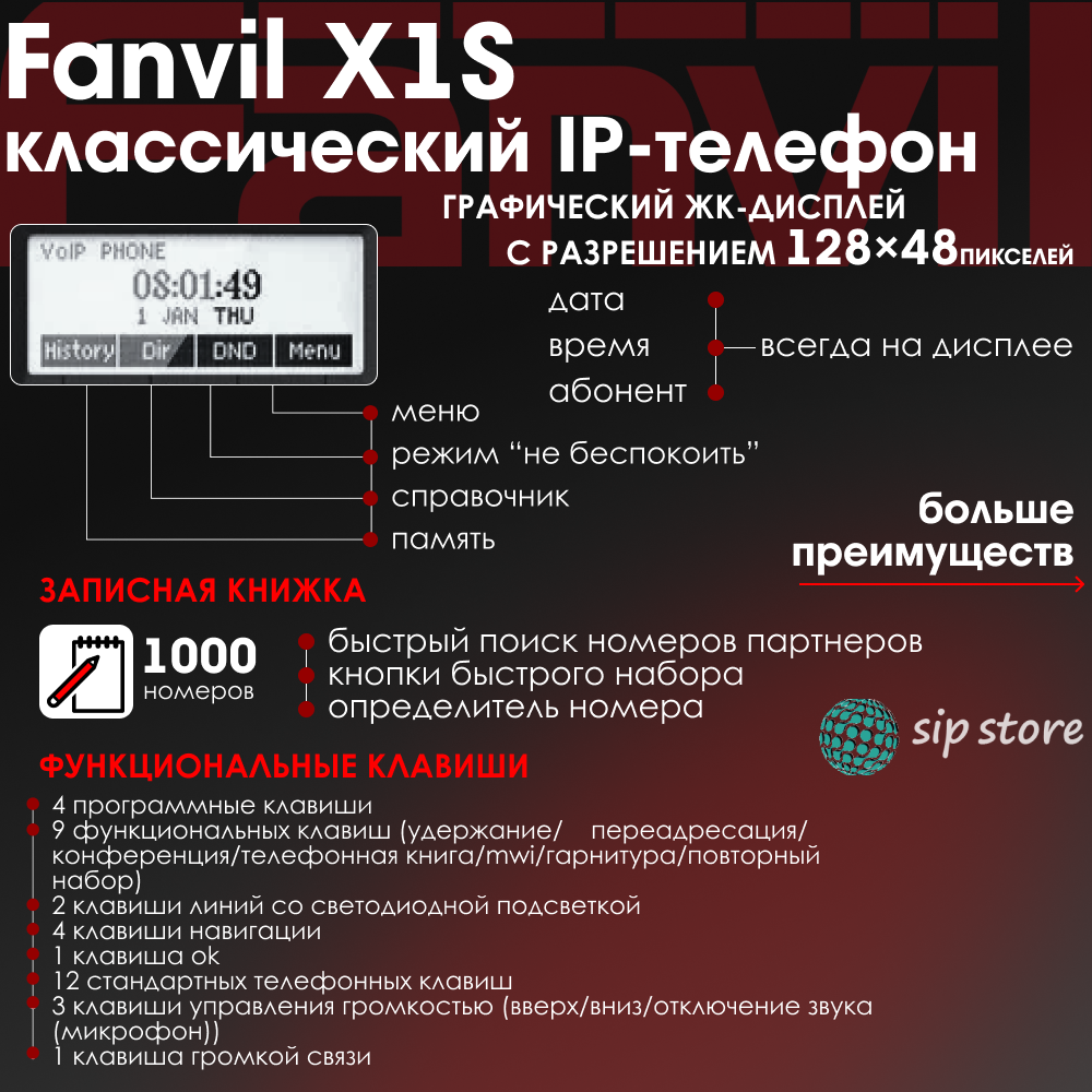 IP-телефон Fanvil X1S, 2 SIP аккаунта, монохромный 2,28 дюйма дисплей 128x48, конференция на 3 абонента, поддержка EHS.