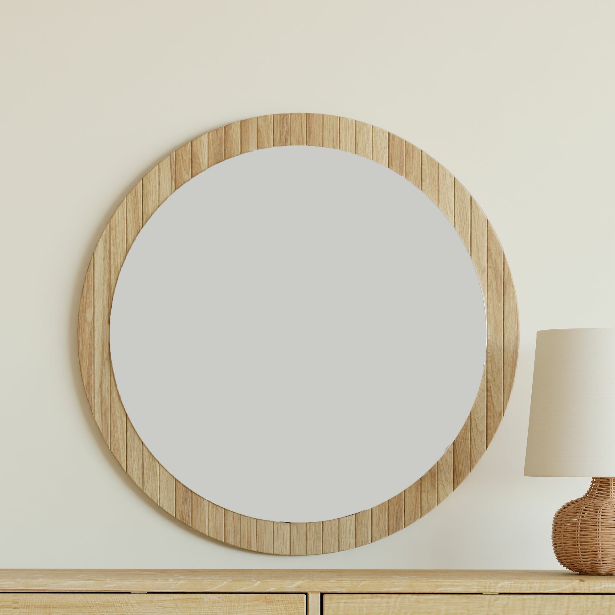 фото Зеркало настенное круглое Пиафорте 810х810 мм с деревянной рамой / зеркало в прихожую из массива дикого дуба в стиле лофт