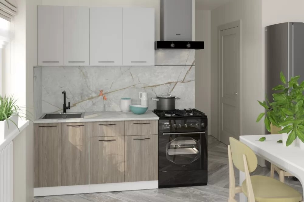 Кухонный гарнитур Герда Парма медиум 1400 мм, каркас ЛДСП, фасад ЛДСП, Белый/Шиншилла серая/Джарра