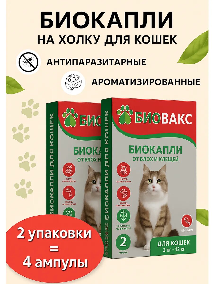Капли от блох и клещей для кошек на холку 2 упаковки антипаразитарные