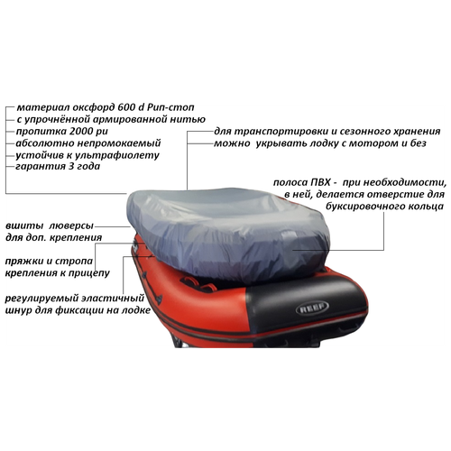 Усиленный транспортировочный тент для лодки ПВХ, рип-стоп, 340 - 350 см, серый, Tent Fishing (для лодки длиной 340/345/350 шириной до 174 см)