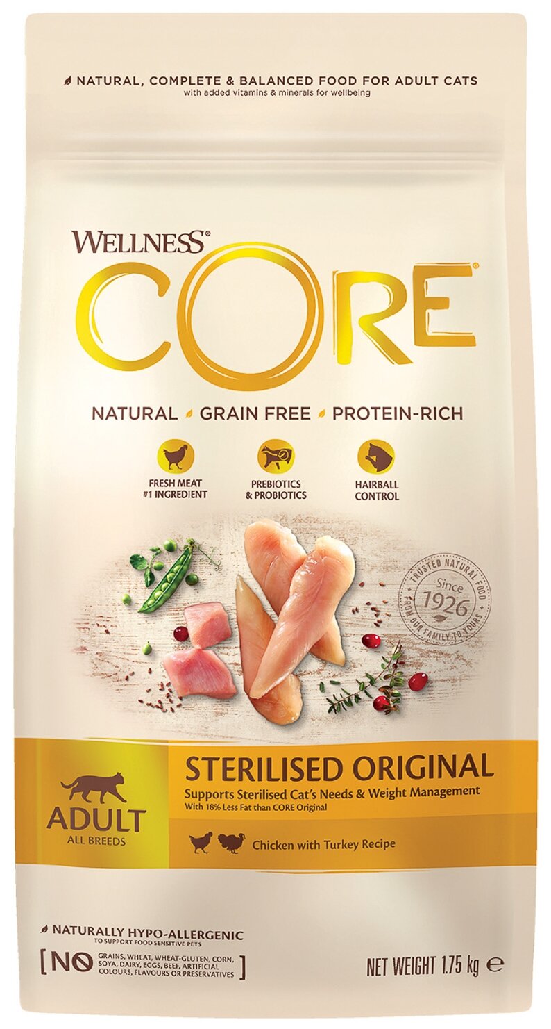 Сухой корм для стерилизованных взрослых кошек Wellness CORE Original, с курицей и индейкой 3 шт. х 1.75 кг