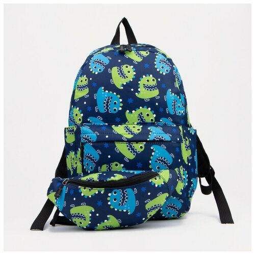 Рюкзак на молнии, наружный карман, 2 боковых кармана, поясная сумка, цвет синий