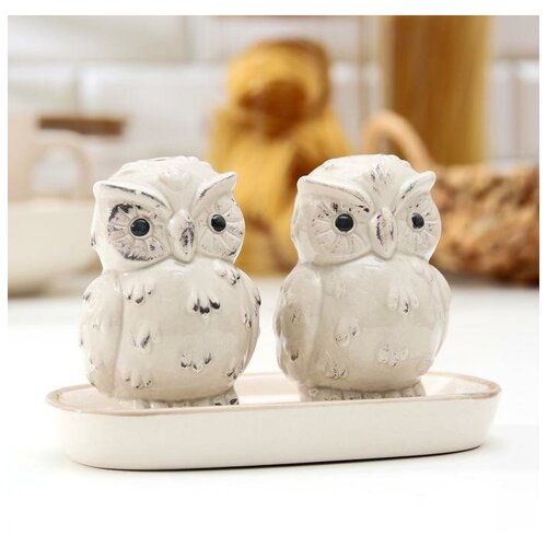 фото Набор для специй «совушки», 2 предмета: солонка, перечница, на керамической подставке, цвет бежевый mikimarket