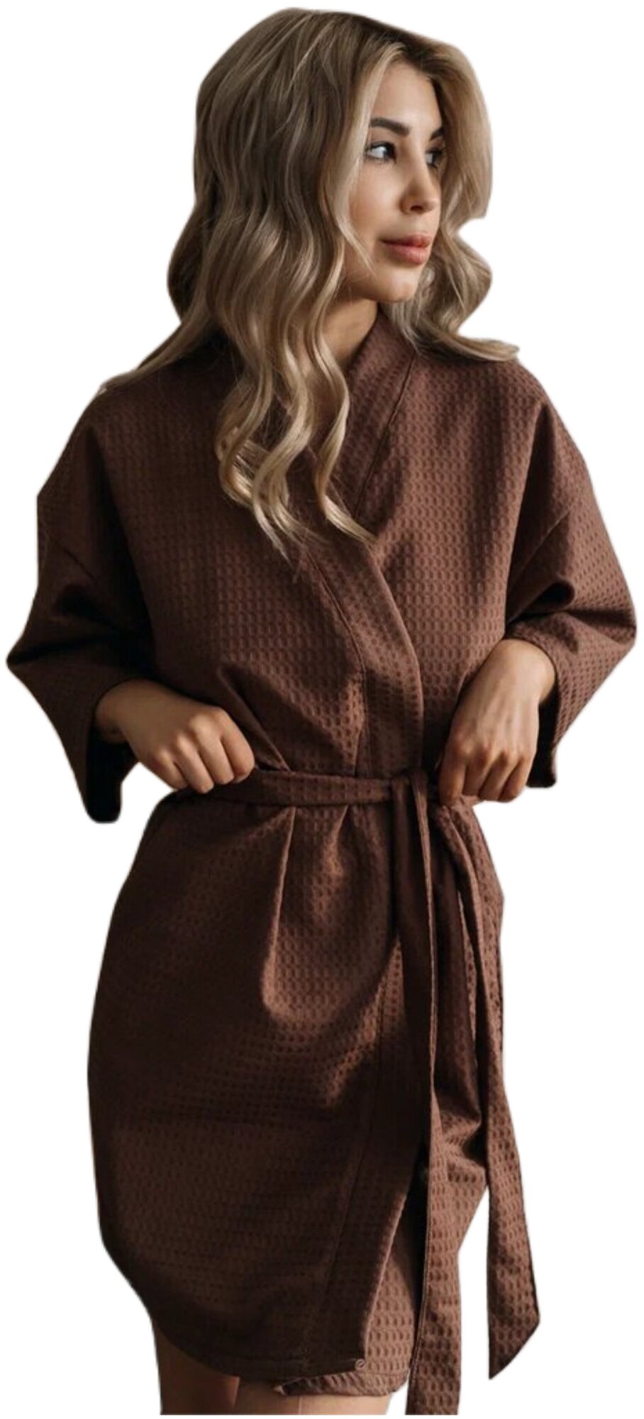 Халат Sweet Sleep укороченный, укороченный рукав, пояс, размер 48, коричневый - фотография № 3