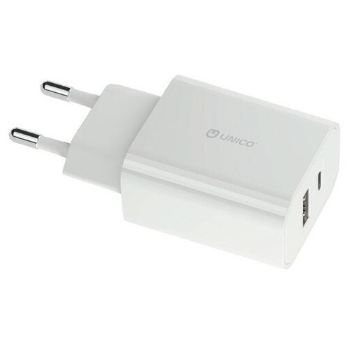 Unico Сетевое ЗУ, 20W, 1xUSB-C,1xUSB 2.0, вх 2,4А, вых 5V/3A,9V/2.22A,12V/1.67A(PD20W), защита от КЗ, QuickCharge 3.0, PowerDelivery , белый, RTL BOX