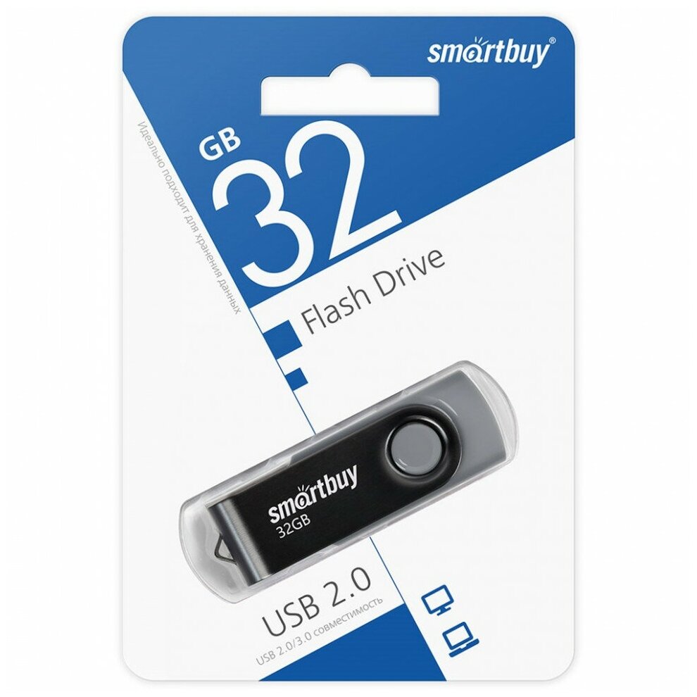 Флешка Smartbuy Twist, 32 Гб, USB 2.0, чт до 25 Мб/с, зап до 15 Мб/с, черная