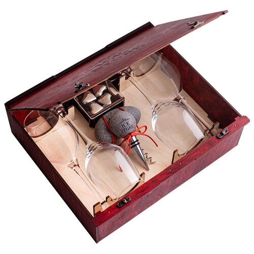 Подарочный Винный набор деревянная коробка красная (4 бокала, 4 сердца, штопор, пробка для бутылки)