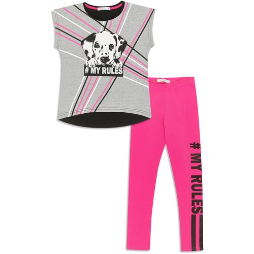 Детский трикотажный набор для девочек: футболка с коротким рукавом и брюки Me &We цв. Серый/Ярко-розовый р. 134