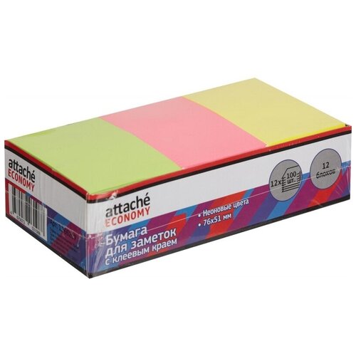 Купить Attache Economy Стикеры с клеевым краем 76х51 мм, 12 блоков по 100 листов, неон (1266207) разноцветный