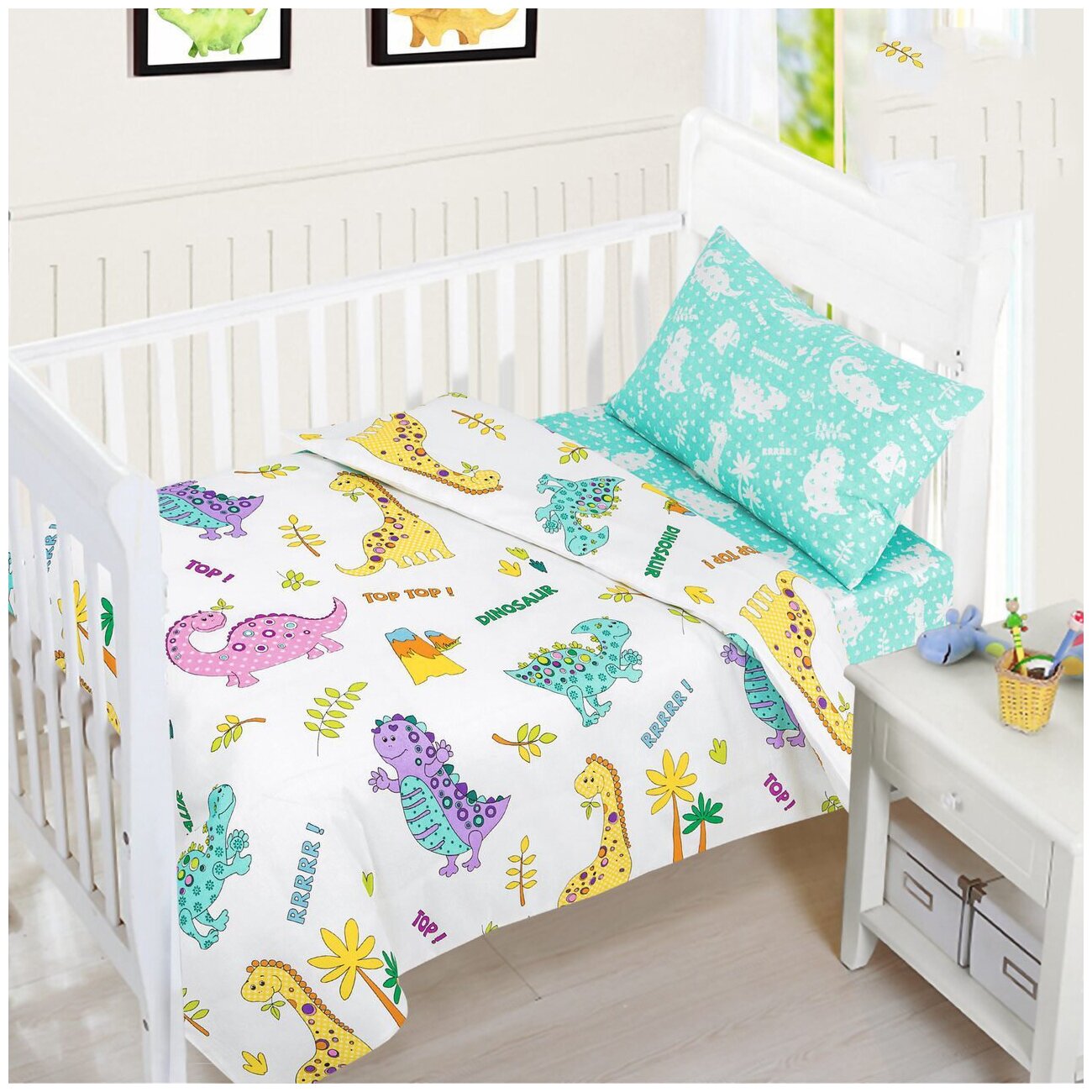 фото Детский комплект постельного белья АртПостель «Динопарк» Ясельный, Бязь, динозавры, белый