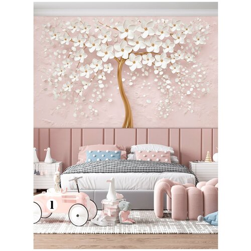 фото Фотообои красивое золотое 3d дерево с белыми цветами на розовом фоне/ красивые уютные обои на стену в интерьер комнаты/ 3д расширяющие пространство/ на кухню в спальню детскую зал гостиную прихожую/ размер 300х180см/ флизелиновые топ фотообои,топ фотообои