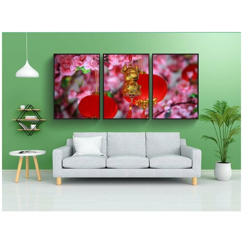 фото Набор модулных постеров для интерьера "китайское украшение, орнамент, вишни в цвету" 60x90 см. в тубусе, без рамки lotsprints