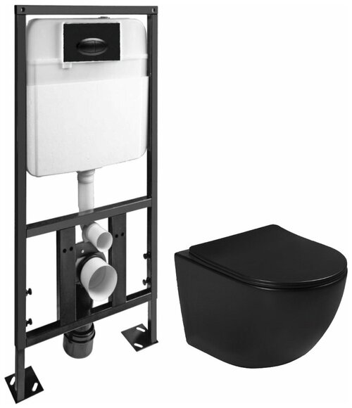 Комплект унитаз подвесной, сиденье микролифт + Инсталляция Adell с кнопкой (хром) SantiLine SL-5018MB+SL-03