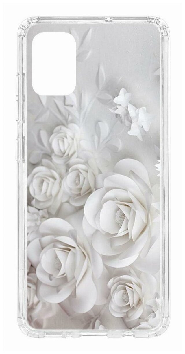 Чехол для Samsung Galaxy A51 Kruche Print White roses, пластиковая накладка, силиконовый бампер с защитой камеры, защитный прозрачный кейс с рисунком