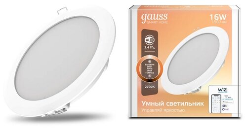 Светильник gauss Умный Wi-Fi 2020122, LED, 16 Вт, 2500, теплый белый, цвет арматуры: белый, цвет плафона: белый