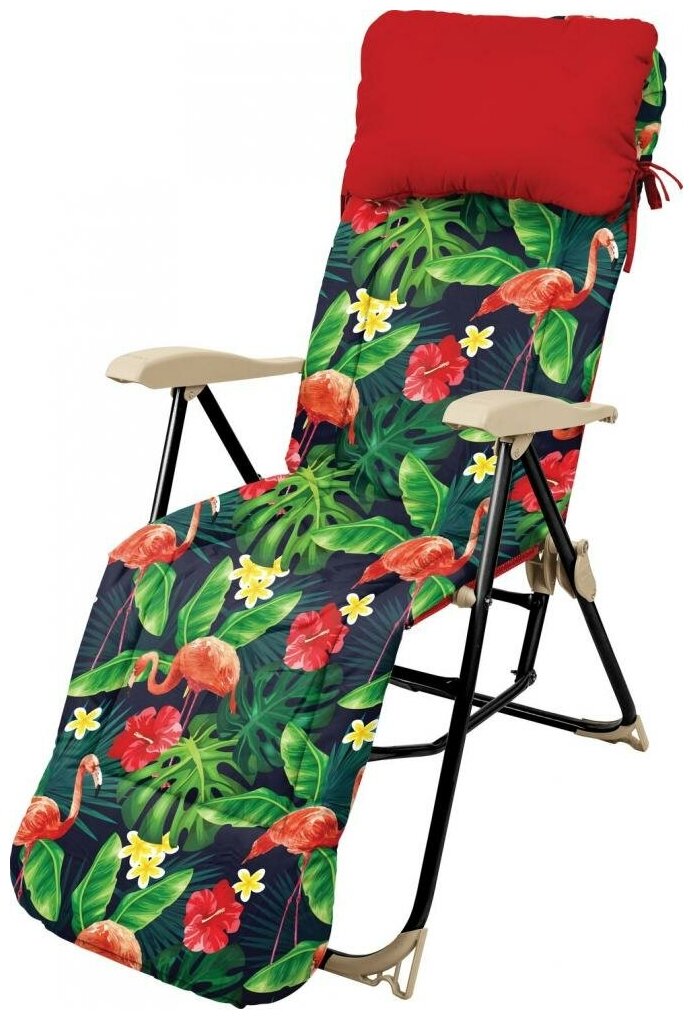Кресло-шезлонг складное Nika c мягким съемным матрасом и подножкой Haushalt HHK-5/F , принт с фламинго - фотография № 1