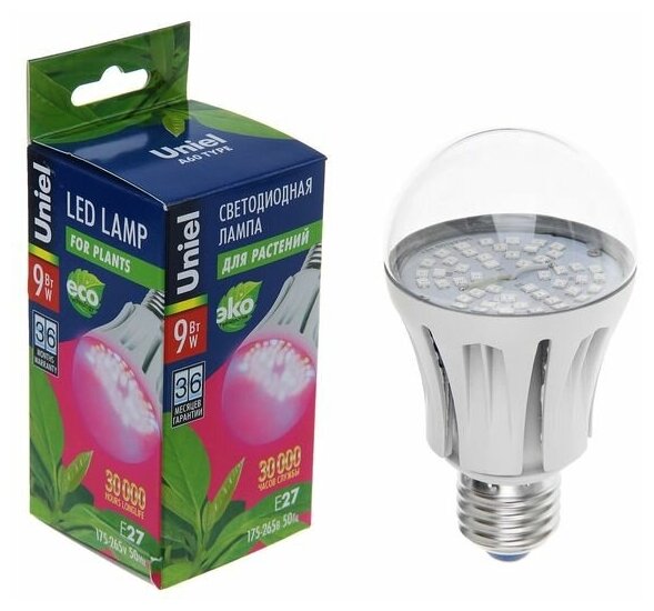 Лампа светодиодная для растений Uniel ALM01WH 09645, E27, A60, 9 Вт, 650 К