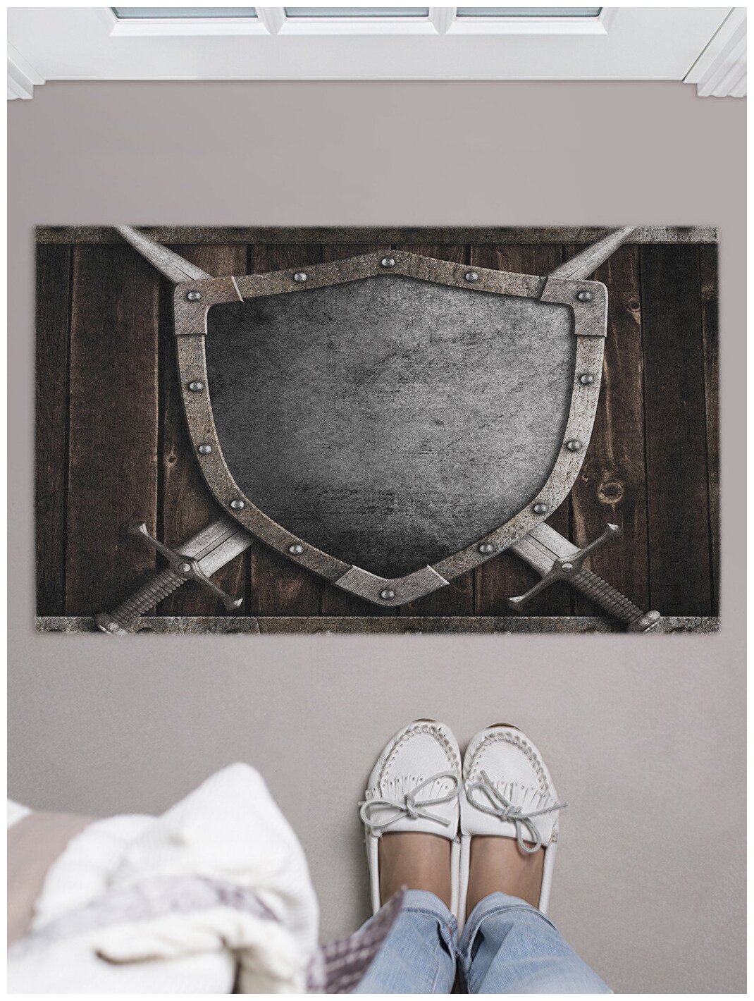 Придверный коврик в прихожую JoyArty "Средневековый щит" для обуви, на резиновой основе, 75x45 см