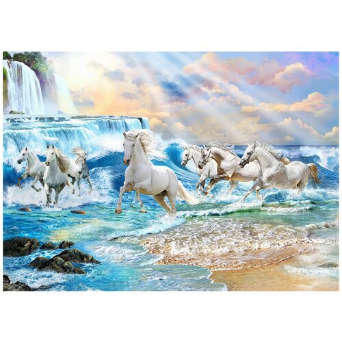 Белые лошади в океане - Виниловые фотообои, (211х150 см)