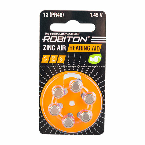 Элемент питания ROBITON HEARING AID R-ZA13-BL6 13 PR48 DA13 V13A BL6 элемент питания duracell da 675 bl6 hearing aid za675 6 батареек