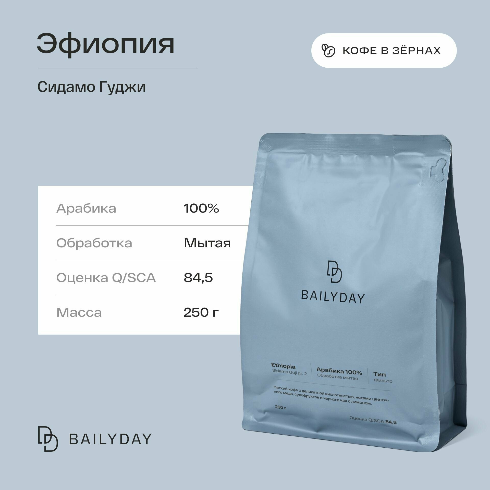 Кофе в зернах Эфиопия Сидамо Гуджи Bailyday 100% арабика, обжарка под фильтр, 250 г