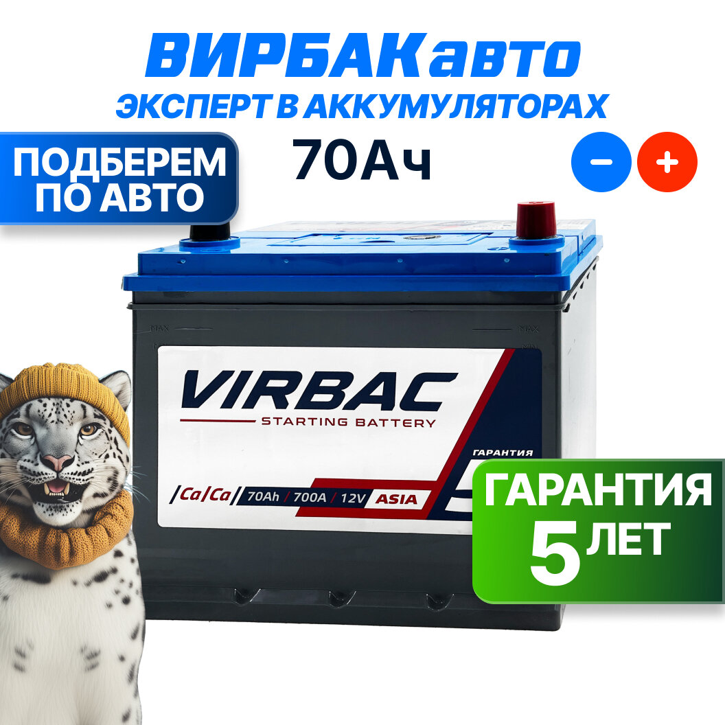 Аккумулятор VIRBAC Asia 70 Ач 700 А обратная полярность, 232x175x225 мм