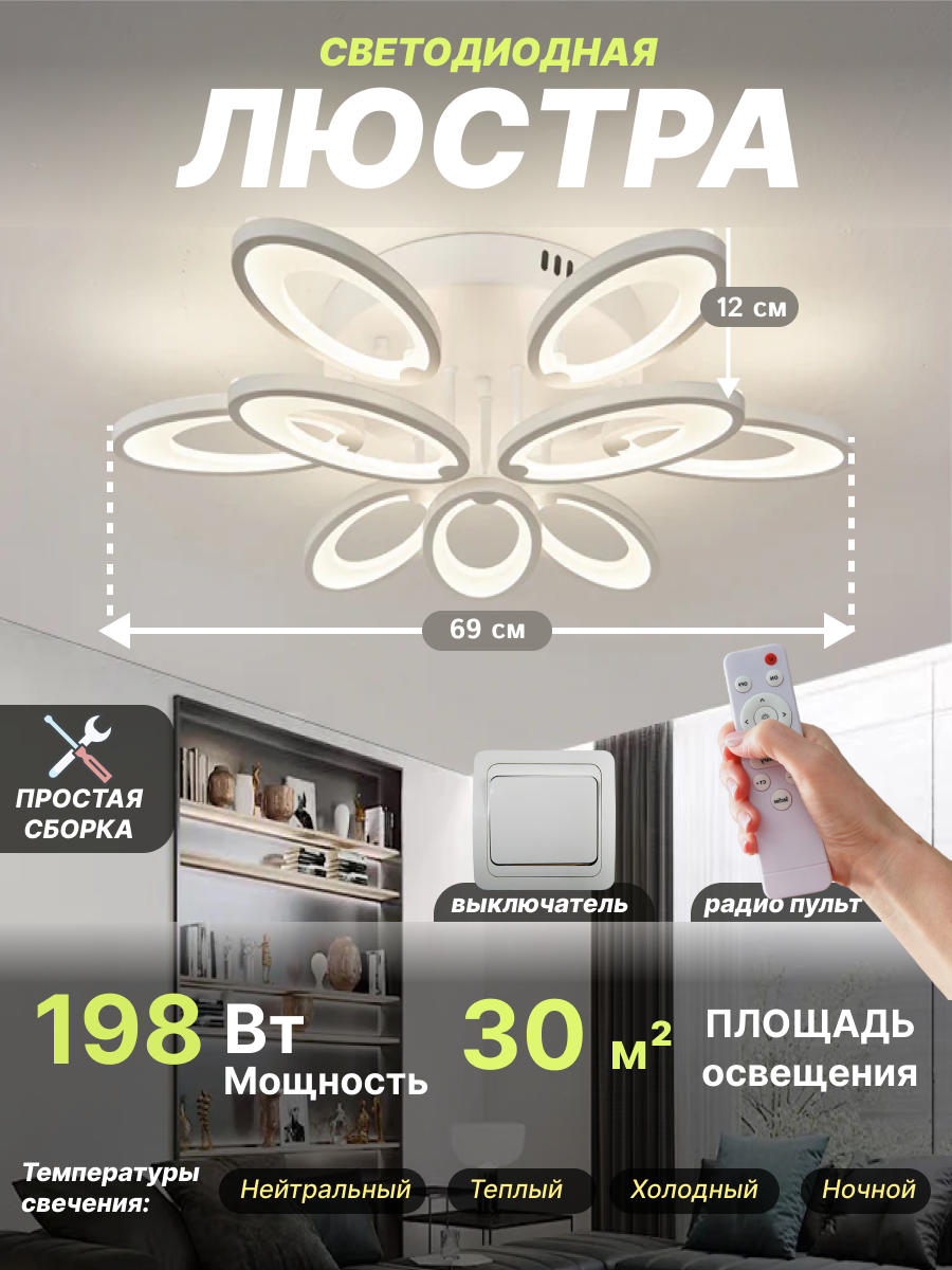 Люстра потолочная, с пультом, мощность 198Вт, площадь освещения 30 м², светодиодная