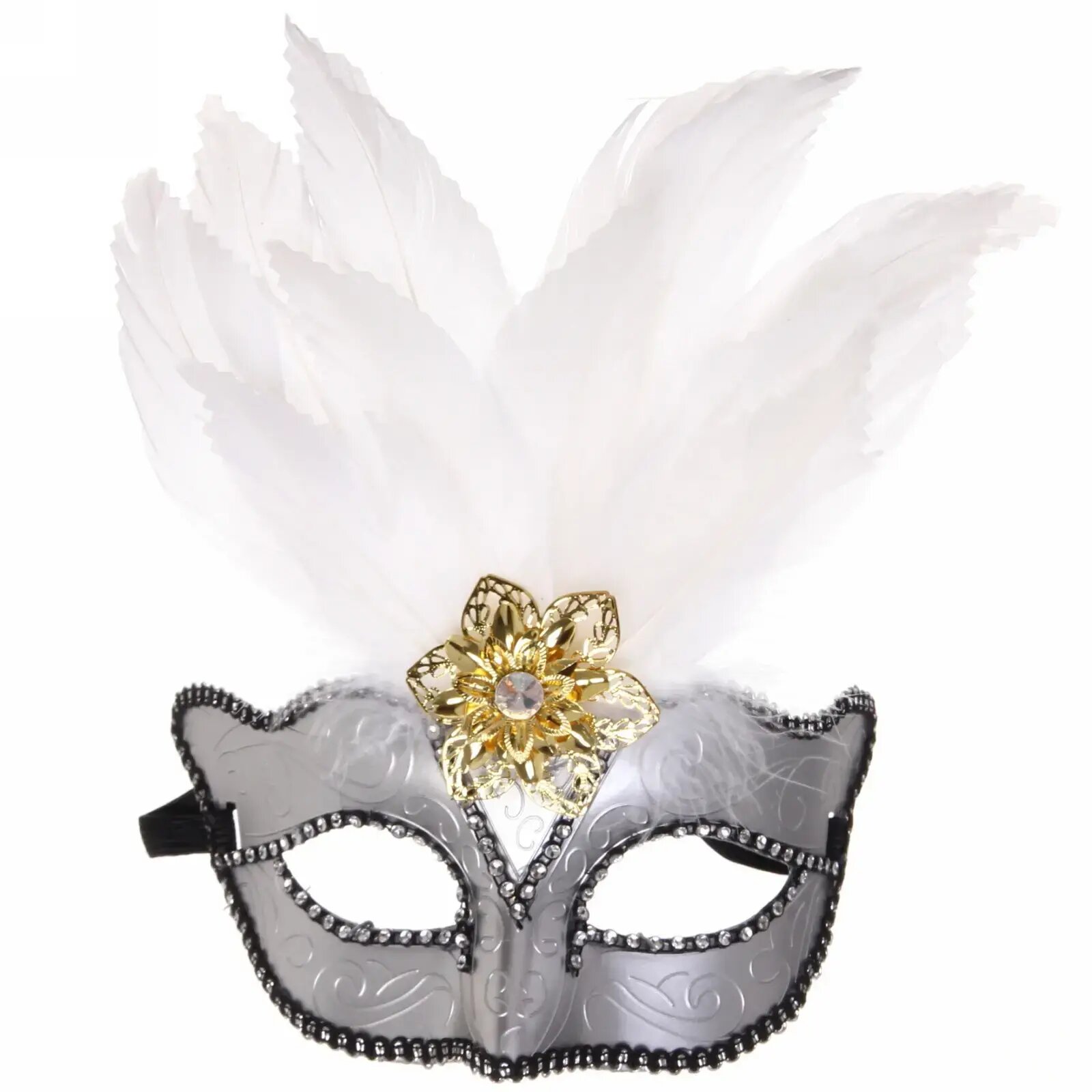 Маска карнавальная «Зимний бал», серебро, с перьями и золотой деталью