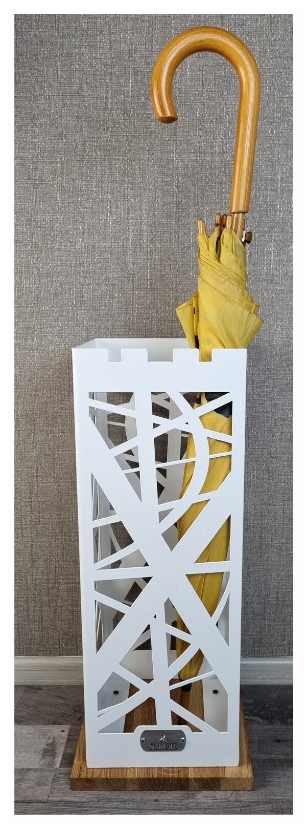 Подставка для зонтов напольная стальная с подставкой из натурального дуба: "дали", с подвесом для зонтов-автомат, в стиле LOFT. 24х24х56см. Белый - фотография № 2