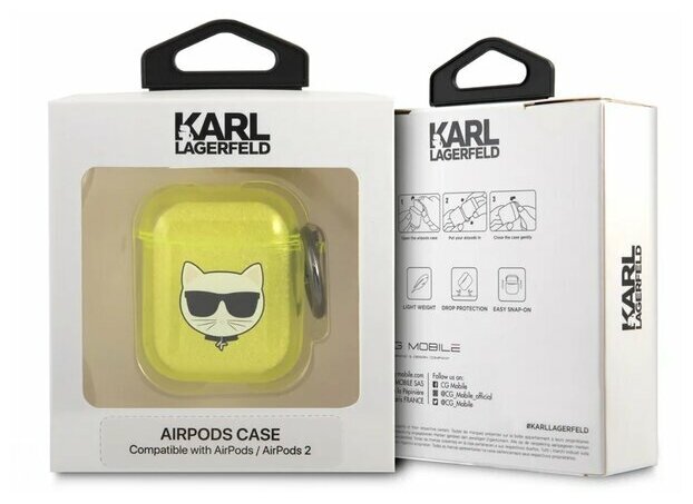 Lagerfeld для Airpods 1/2 чехол TPU FLUO with ring Choupette Transp Yellow