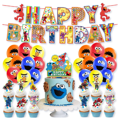 Декор-набор С Днем рождения Улица Сезам (гирлянда, топперы, шары, ленты)