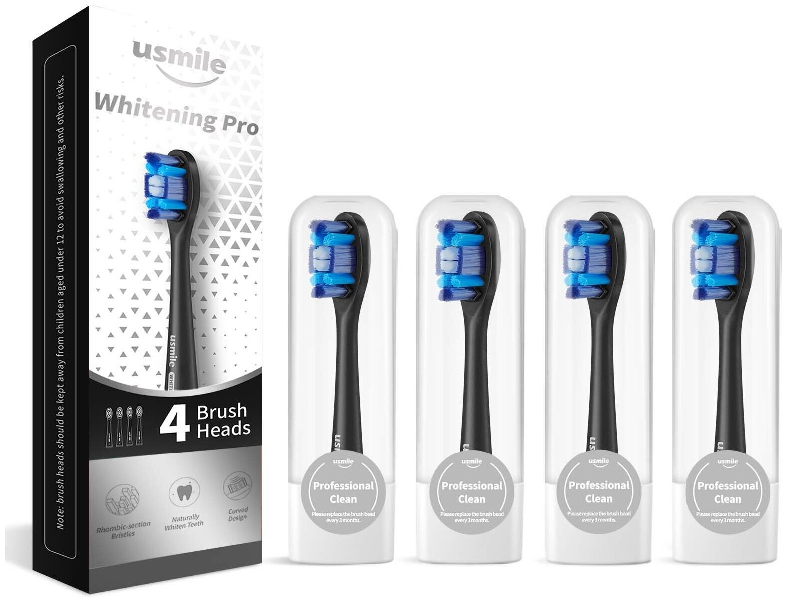 Сменные чистящие насадки для звуковой зубной щетки usmile Whitening Pro Brush Head, черный