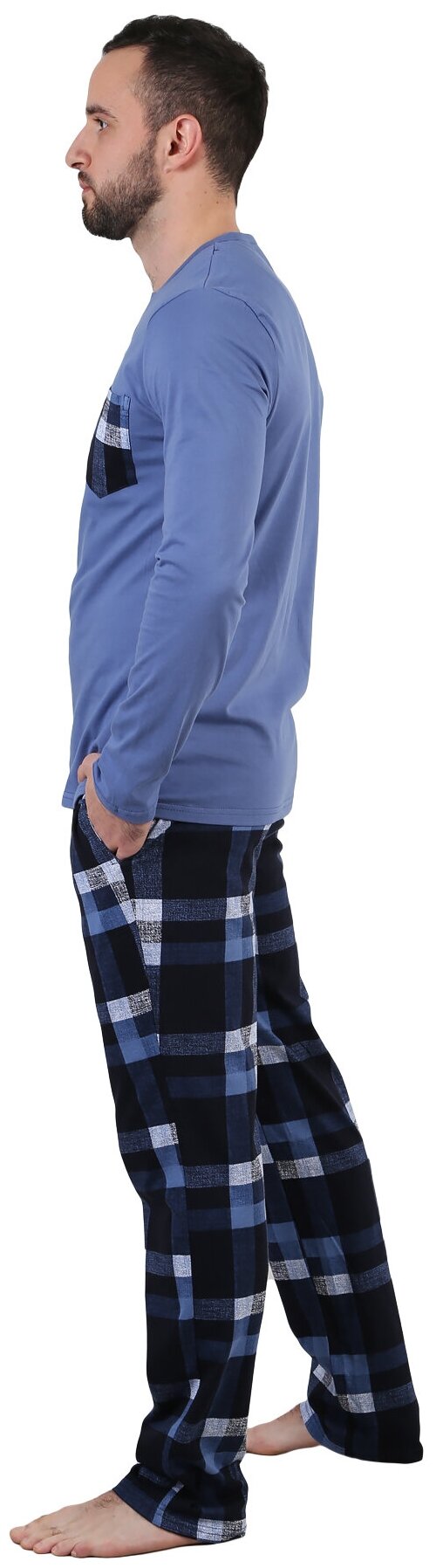 Мужская пижама брюки в клетку Горец Индиго размер 58 Кулирка Оптима трикотаж футболка с длиным рукавом округлым вырезом нагрудным карманом брюки пря - фотография № 2