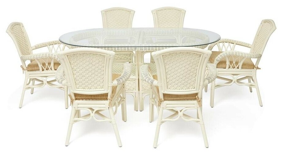 Комплект обеденный "ANDREA GRAND" (стол со стеклом+6 кресел+ подушки) (12 427) TetChair TCH White (белый), Ткань рубчик, цвет кремовый - фотография № 1