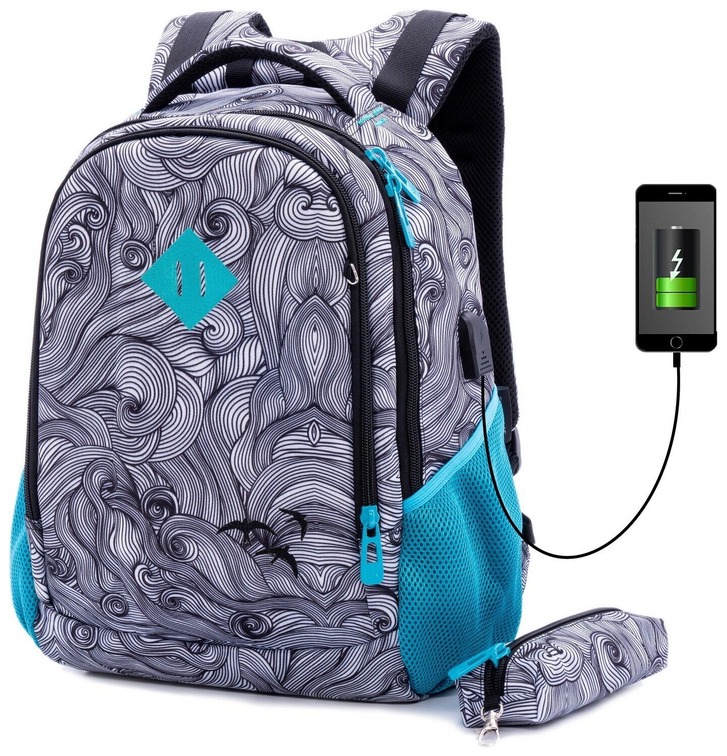 Рюкзак школьный для девочки подростковый с анатомической спинкой, 20 л, SkyName (СкайНейм), с USB + подарок пенал