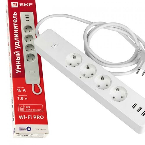 Удлинитель EKF RCE-2-WF (3 USB), 4 розетки, 16А / 4000 Вт 4 3 1.8 м 1.5 м² 38 мм 50 мм 10 мм белый