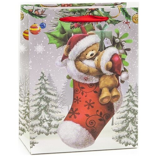 фото Пакет подарочный, новогодний носок с медвежатами, серебро, с блестками, 42*31*12 см, 1 шт. дон баллон