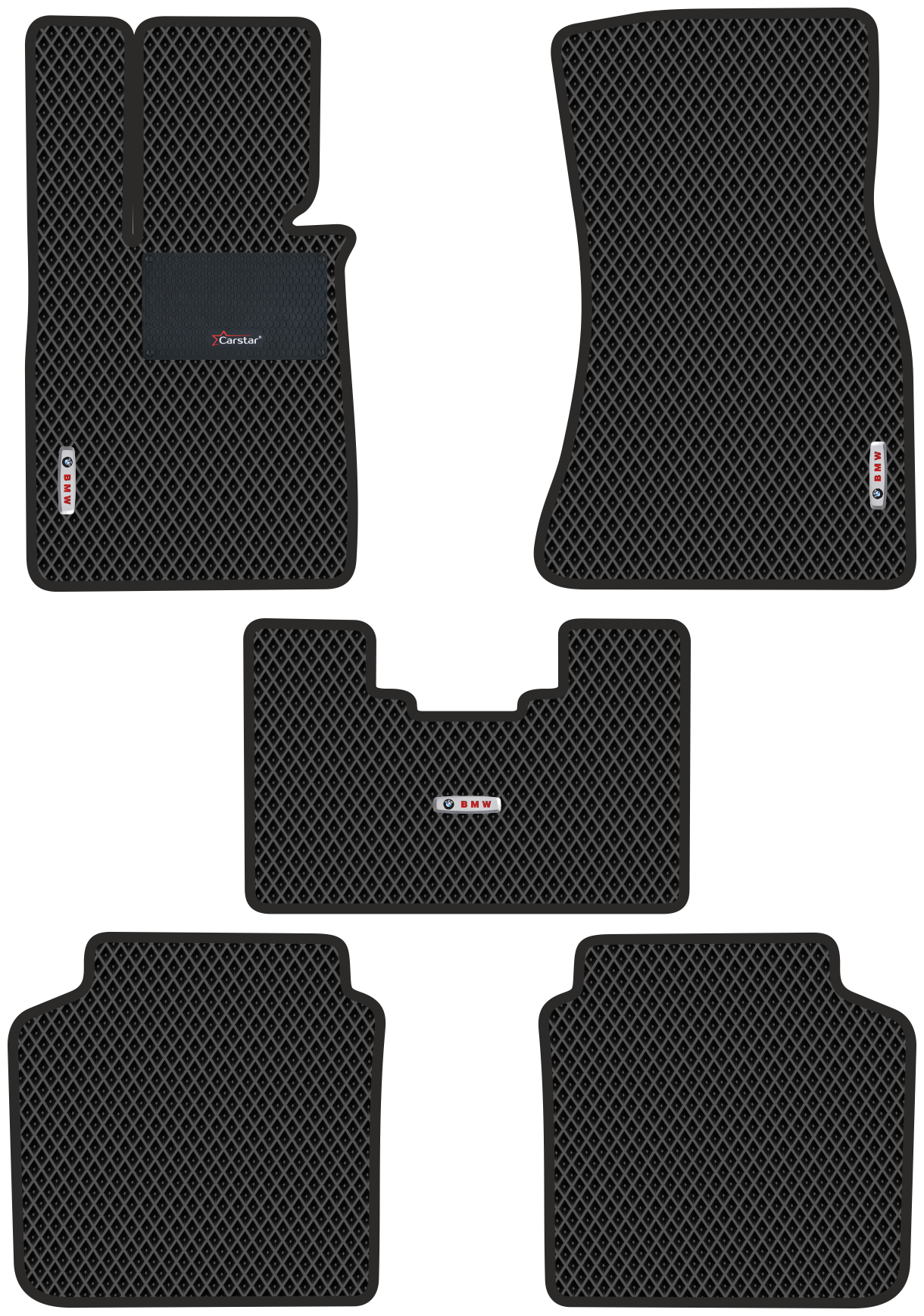 Автомобильные коврики EVA для BMW 7 VI G12 Long (2015-н/в) с каучуковым подпятником и 3 эмблемами BMW чёрные с чёрным кантом ячейка - ромб