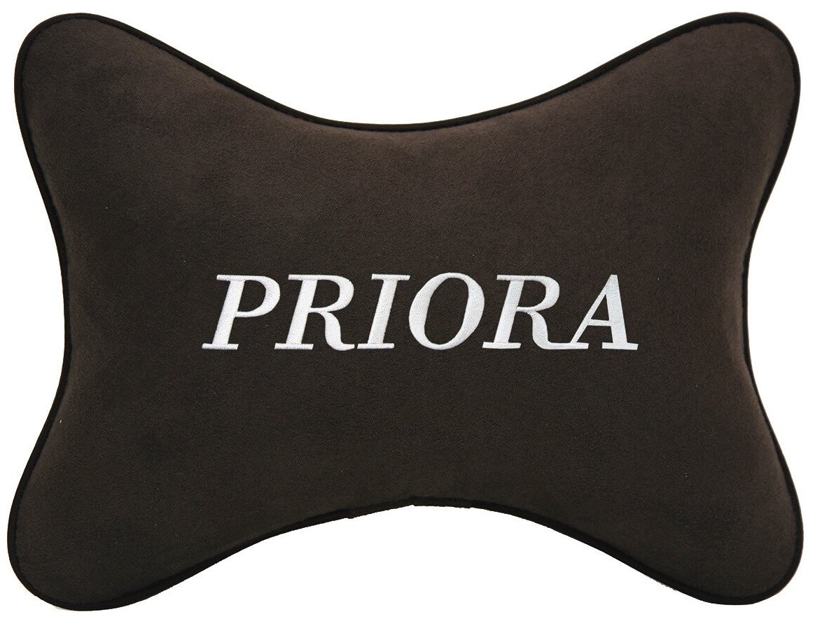 Автомобильная подушка на подголовник алькантара Coffee c логотипом автомобиля LADA Priora