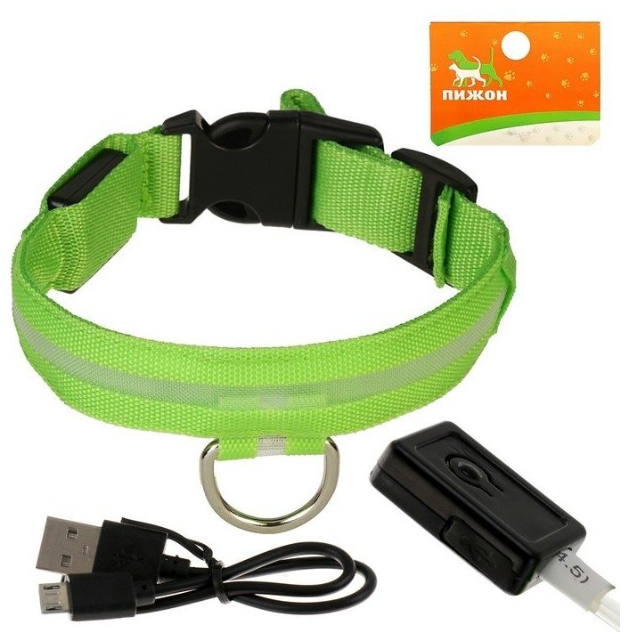 Ошейник с подсветкой, зарядка от USB, размер XL, ОШ 42-56 см, 3 режима, зелёный 1698439