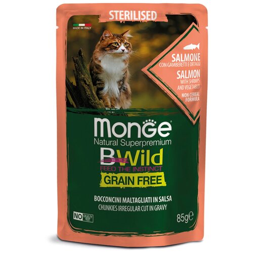 Влажный корм для стерилизованных кошек Monge BWILD Feed the Instinct, беззерновой, с лососем, с креветками, с овощами 85 г (кусочки в соусе) фасоль мистраль маш зеленая 450 г