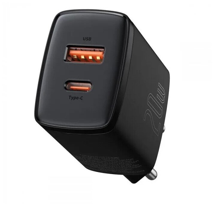 Зарядное устройство BASEUS Compact Quick Charger, 1хUSB-A, 1xType-C, 20W, 5V, 3.0A, black
