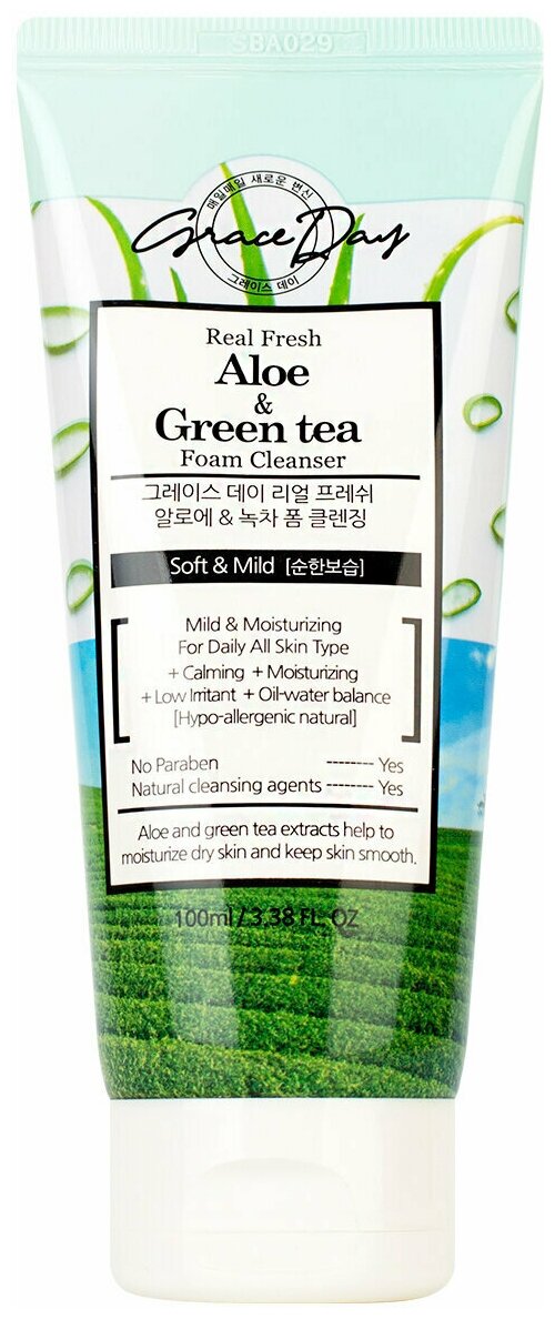 Grace Day Пенка для умывания с экстрактами алоэ и зеленого чая - Real fresh aloe & green tea, 100мл
