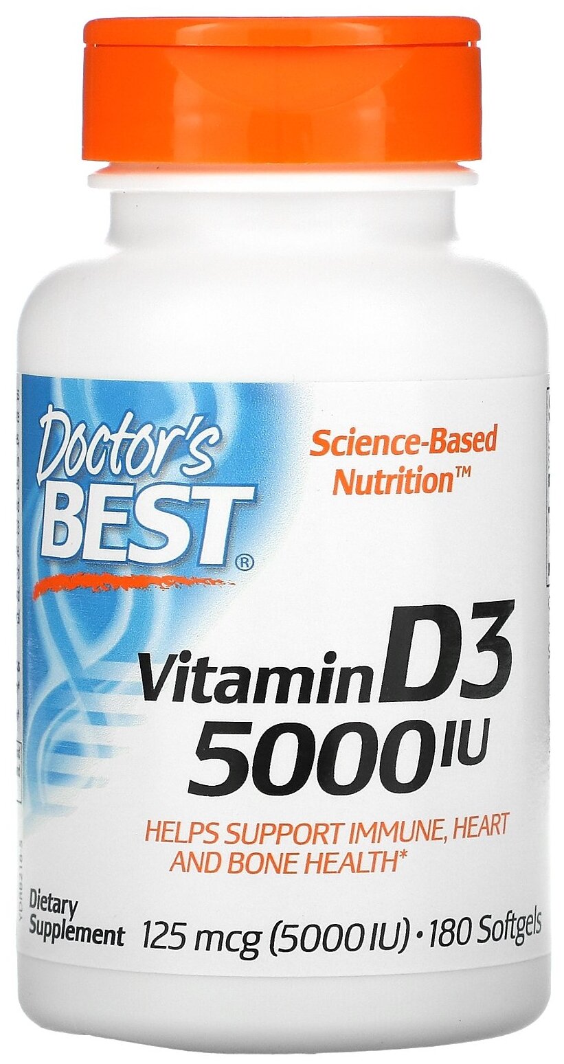 Doctor's Best, витамин D3, 125 мкг (5000 МЕ), 360 мягких таблеток