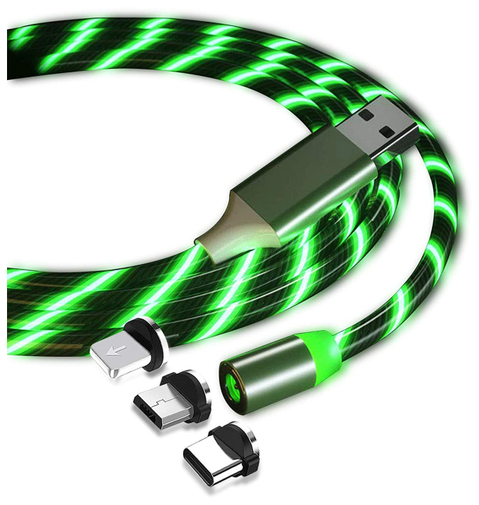 Кабель магнитный светящийся USB для зарядки 3 в 1 Lightning, Type-C, micro USB ультрапрочный, для iPhone/Android/ Samsung Type-C, зеленый