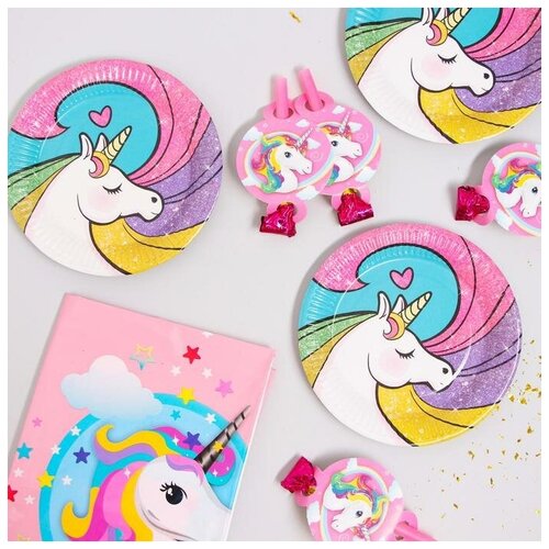 фото Набор посуды для праздника страна карнавалия "единорожек", язычки 6 шт, скатерть, тарелки 10 шт