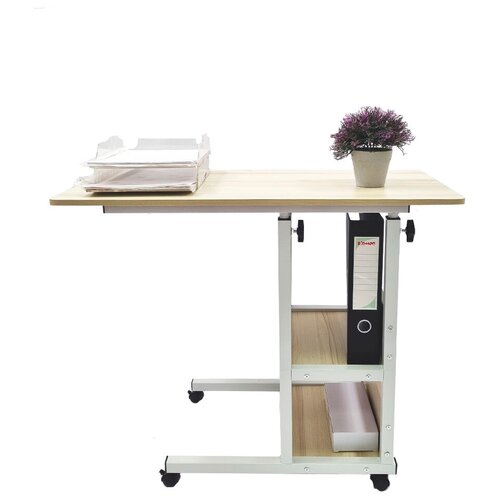 Прикроватный столик для ноутбука, на колесиках с регулировкой высоты, с полками, светло-коричневый