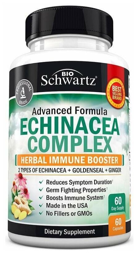 BioSchwartz Echinacea Complex Капсулы с эхинацеей - Комплекс для поддержки иммунитета с имбирем и 2 видами эхинацеи - Добавка для усиления дыхания и иммунитета - Иммунная защита - Растительные антиоксиданты для повышения иммунитета - 60 Ct