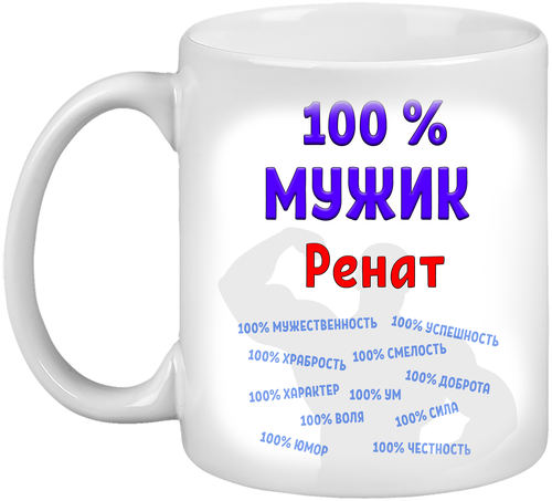 Кружка Ренат 100% мужик, белая